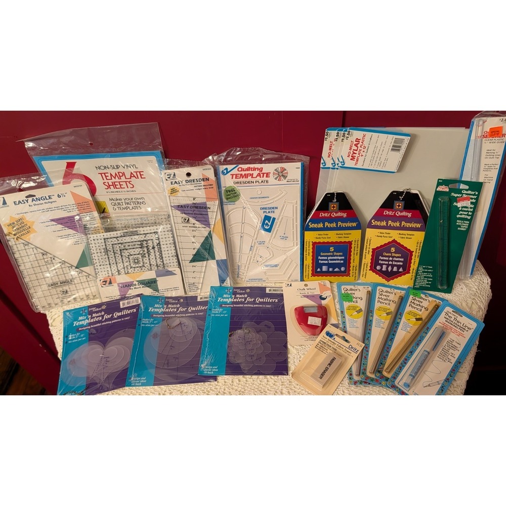 Vintage Quilting Lot 22 Templates Pencils Tools Rulers, Mylar, Seamer, EZ, Dritz